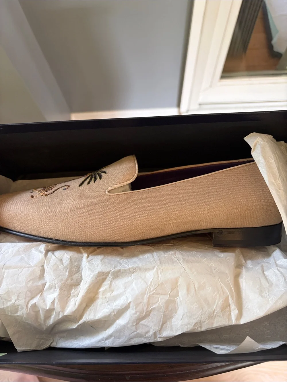 Men’s Ralph Lauren Purple Label Embroidered Alonzo Palm Jaguar Shoes NIB Linen
